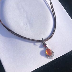 Natural Amber & Gemstone, Leather Necklace!